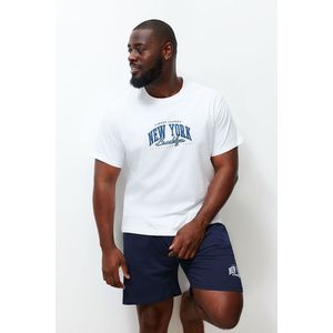 Trendyol Ecru Navy Blue Regular Fit Printed Plus Size Pajama Set with Shorts obraz