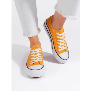 Shelvt Yellow classic lace-up sneakers for women obraz