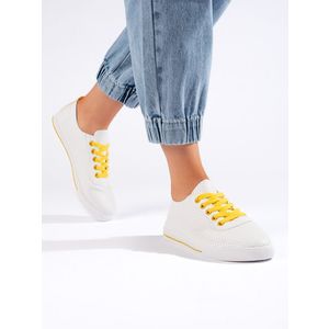 Shelvt White women's sneakers with yellow laces obraz