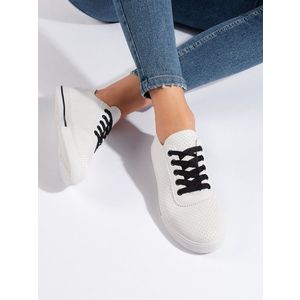 Shelvt White women's sneakers with black laces obraz