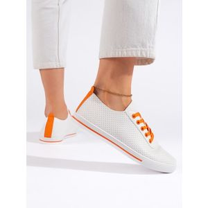 Shelvt White women's sneakers with orange laces obraz