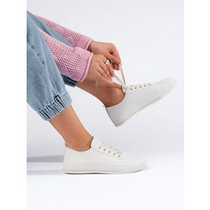 Shelvt White women's sneakers with beige laces obraz
