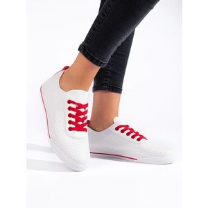 Shelvt White women's sneakers with red laces obraz