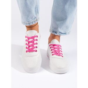 Shelvt White women's sneakers with pink laces obraz