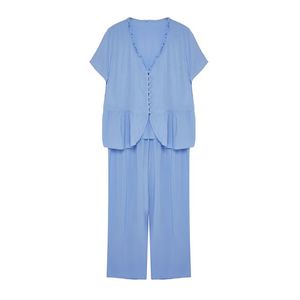 Trendyol Curve Blue V-Neck Button-Woven Pajama Set obraz