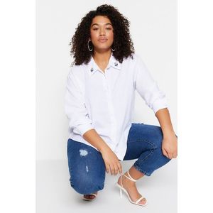 Trendyol Curve White Oversize Shirt with Woven Collar and Stones obraz