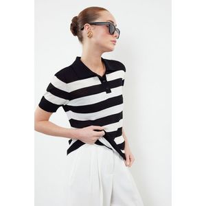 Trendyol Black Polo Neck Striped Knitwear Slim Blouse obraz