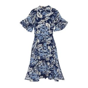 Trendyol Curve Blue Tropical Leaf Patterned Woven Slit Dress obraz