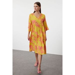 Trendyol Yellow Floral Patterned Wide Cut V-Neck Woven Dress Woven Dress obraz