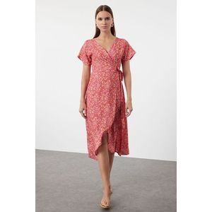 Trendyol Pink Floral Double Breasted Neck Viscose Woven Dress Woven Dress obraz