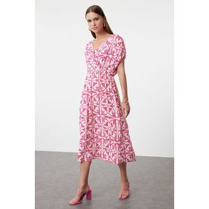 Trendyol Pink Printed A-Line Double Breasted Collar Woven Dress obraz