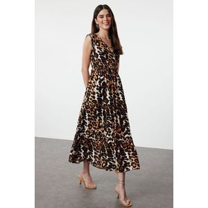Trendyol Brown Leopard Patterned A-Line Double Breasted Neck Viscose Woven Dress obraz