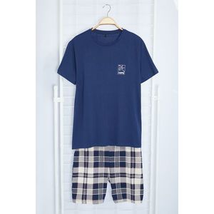 Trendyol Navy Blue Plaid Patterned Printed Regular Fit Knitted Summer Pajama Set with Shorts TMNAW24PT00030 obraz
