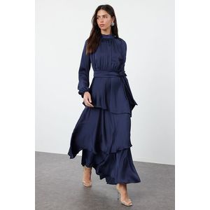 Trendyol Navy Blue Skirt Layered Satin Woven Evening Dress/Night Dress obraz