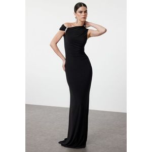Trendyol Black, Fitted, Stone Accessoryed, Woven Long Elegant Evening Dress obraz