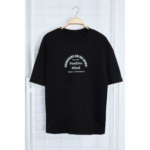 Trendyol Black Printed Loose Knitted T-Shirt obraz