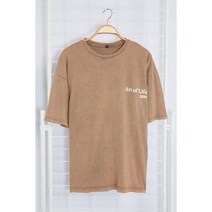 Trendyol Brown Oversize/Wide Cut Vintage/Faded Effect Printed 100% Cotton T-Shirt obraz