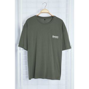 Trendyol Khaki Gray Oversize Crew Neck Slogan Knitted T-Shirt obraz