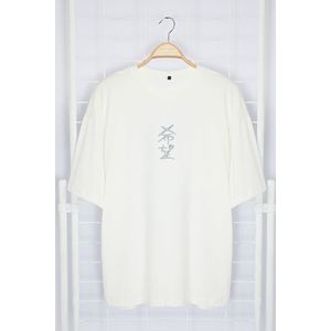 Trendyol Ecru Oversize Short Sleeve Far Eastern Embroidery/Back Print T-shirt obraz