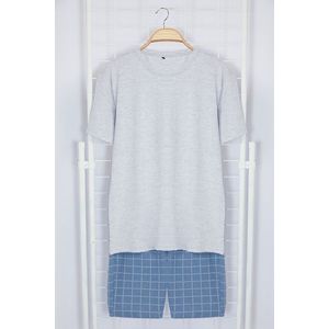 Trendyol Gray Blue Regular Fit Crew Neck Pajama Set with Embroidered Knitted Shorts obraz