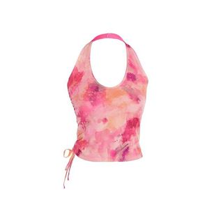 Trendyol Pink Abstract Patterned Halter Neck Smocking/Drape Detailed Fitted Knitted Blouse obraz
