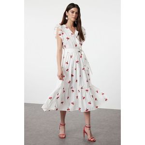 Trendyol Multicolored Cherry Pattern Belted A-Line Double Breasted Collar Woven Dress obraz
