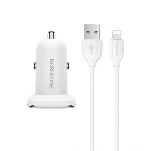 Borofonová autonabíječka s kabelem 2x USB s 2, 4A kabelem Lightning Bílá obraz