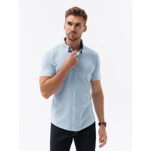 Pánská pletená košile slim fit s krátkými rukávy a límečkem modrá obraz