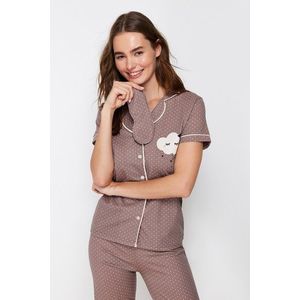 Trendyol Mink Printed Shirt-Pants and Knitted Pajamas Set obraz