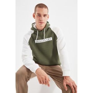 Trendyol Khaki Regular/Normal Cut Slogan Printed Cotton Sweatshirt with Fleece Inside obraz