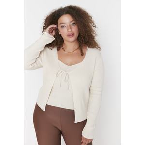 Trendyol Curve Beige V-Neck Tie Detailní Jemné pletené oblečení Cardigan & Tílko Set obraz