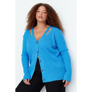 Trendyol Curve Blue V-Neck Tape Detailed Knitwear Cardigan with Buttons obraz