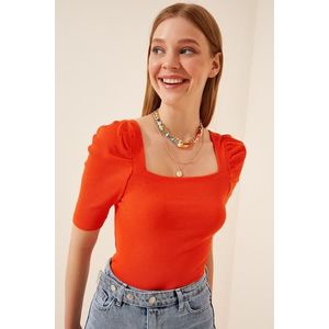 Happiness İstanbul Women's Orange Square Collar Corduroy Crop Blouse obraz