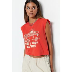 Trendyol Red 100% Cotton Printed Sleeveless Crop Crew Neck Knitted T-Shirt obraz