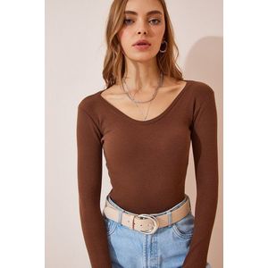 Happiness İstanbul Women's Brown V-Neck Ribbed Lycra Knitted Blouse obraz