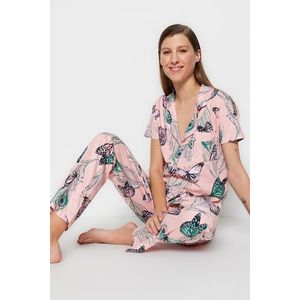 Trendyol Pink 100% Cotton Butterfly Patterned Shirt-Pants Knitted Pajama Set obraz