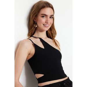 Trendyol černá pletená crop top s jedním ramenem, výřezem a přiléhavým střihem obraz