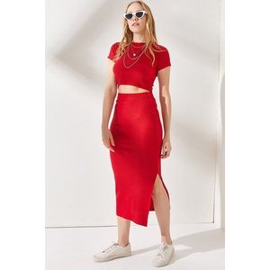 Olalook Women's Red Lycra Short Sleeve Slit and Skirt Suit obraz