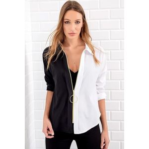 Trend Alaçatı Stili Women's Black and White Zippered Color Block Woven Shirt obraz