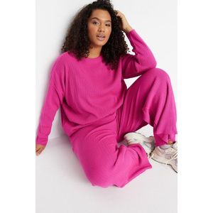 Trendyol Curve Fuchsia Ribbed Crew Neck Knitwear Sweater Trousers Set obraz