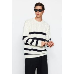 Trendyol Ecru Unisex Oversize Fit Wide Fit Hair Knit Striped Anti-Pilling Knitwear Sweater obraz