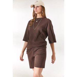 Olalook Women's Bitter Brown Bottom Short Leggings Top Loose Blouse Set obraz