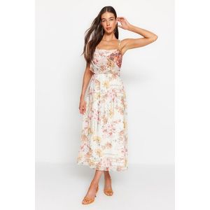 Trendyol Ecru Floral Patterned Waist Opening Straps Maxi Lined Chiffon Woven Dress obraz