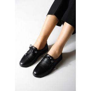 Marjin Women's Genuine Leather Comfort Casual Shoes with Lace-up Demas Black obraz