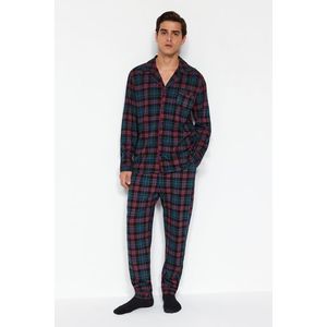 Trendyol Navy Blue Regular Fit Plaid Knitted Pajamas Set obraz