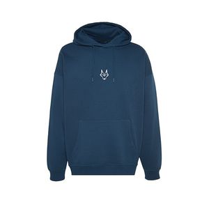 Trendyol Indigo Regular Cut Hooded Sweatshirt with Fleece Inside and Wolf Embroidery obraz