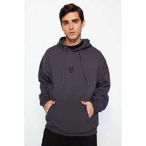 Trendyol Anthracite Regular/Normal Cut Hooded Sweatshirt with Fleece Inside and Wolf Embroidery obraz