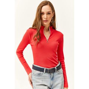 Olalook Women's Pomegranate Blossom Zipper Turtleneck Lycra Blouse obraz