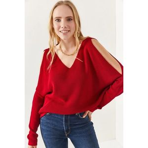 Olalook Women's Claret Red V-Neck Decollete Loose Knitwear Blouse obraz