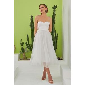 Carmen Ecru Tulle Strap Princess Midi Promise And Wedding Dress obraz